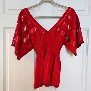 Red V-Neck Blouse with Dolman Sleeves
